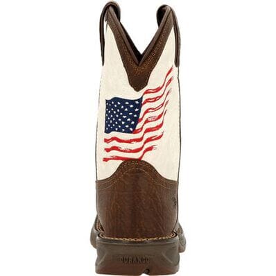 rear view of pull on square toe toddler western cowboy boot with dark brown vamp, pull straps, and hem and white shaft with American flag on back