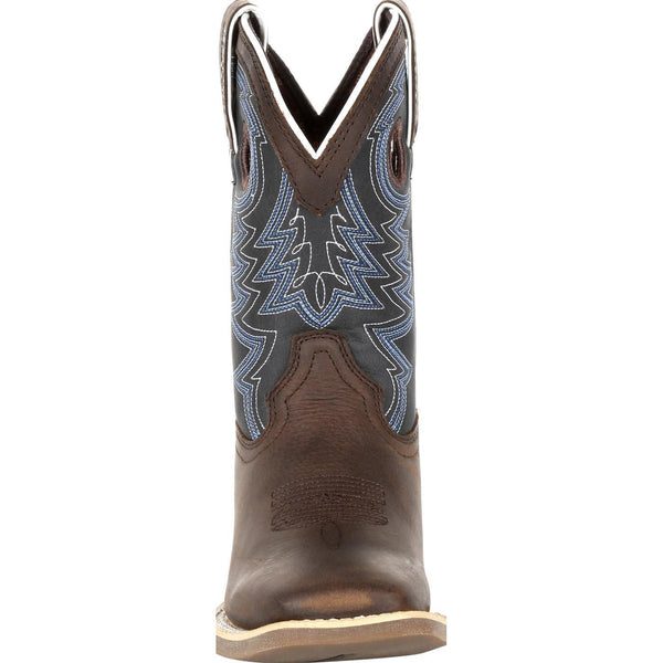 front view of kids boot with grey shaft with blue and white embroidery and brown vamp