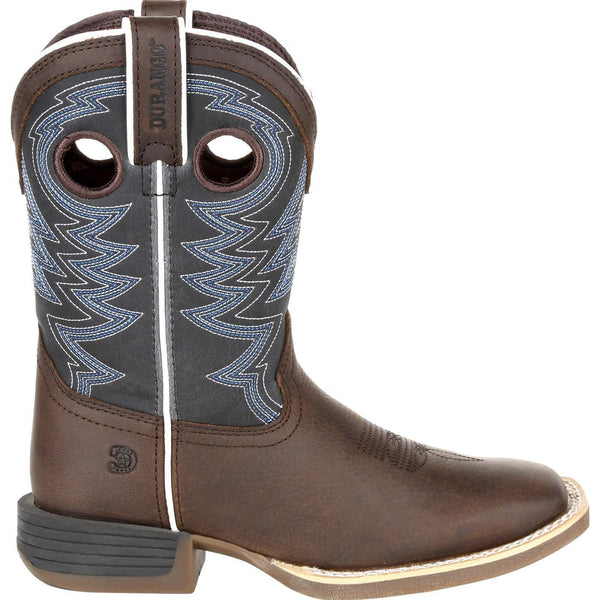 side view of kids boot with grey shaft with blue and white embroidery and brown vamp