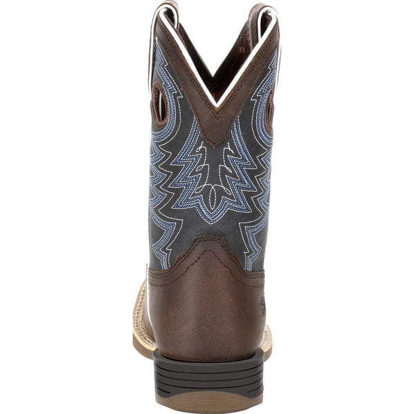 rear view of kids boot with grey shaft with blue and white embroidery and brown vamp