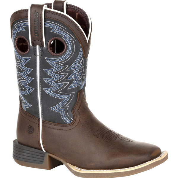 kids boot with grey shaft with blue and white embroidery and brown vamp