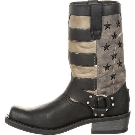 side view of black cowboy boot with black and white american flag shaft