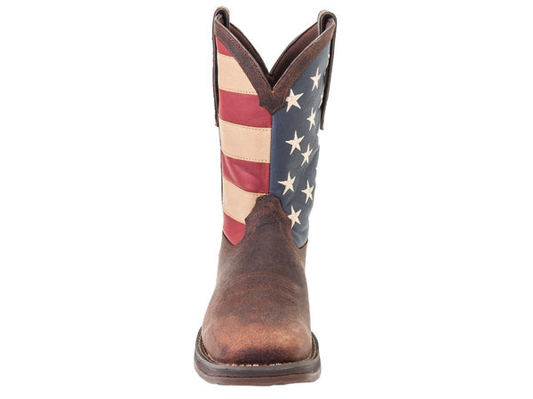front of brown cowboy boot with tan embroidery and square toe