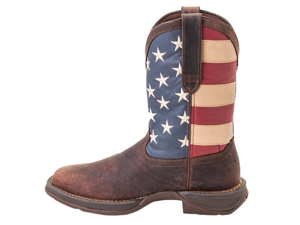 side of brown cowboy boot with tan embroidery and square toe