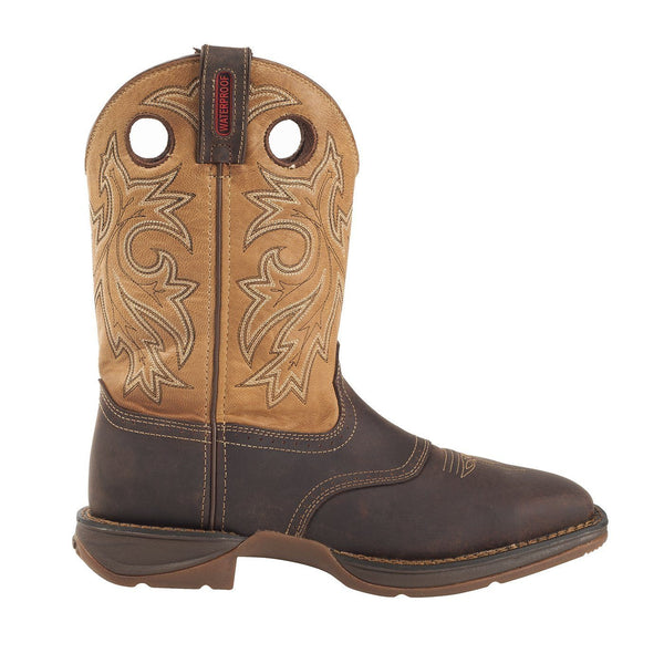 alternate side view of two toned cowboy work boot with like brown shaft and dark brown vamp with light brown embroidery