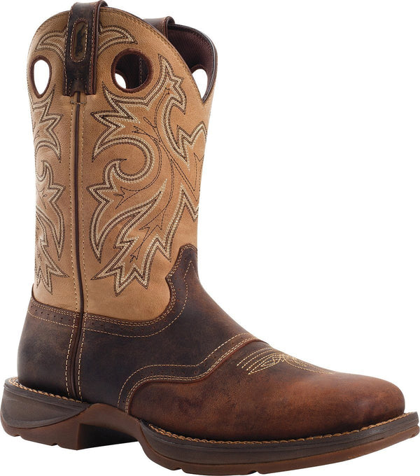cowboy style work boot with light brown shaft and dark brown vamp and light brown embroidery 