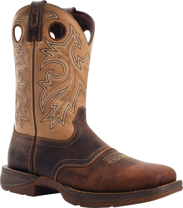 cowboy style work boot with light brown shaft and dark brown vamp and light brown embroidery