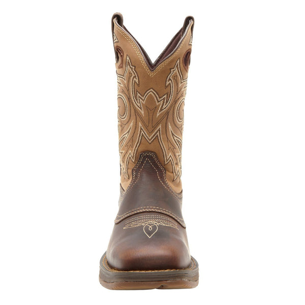 front of cowboy style work boot with light brown shaft and dark brown vamp and light brown embroidery 
