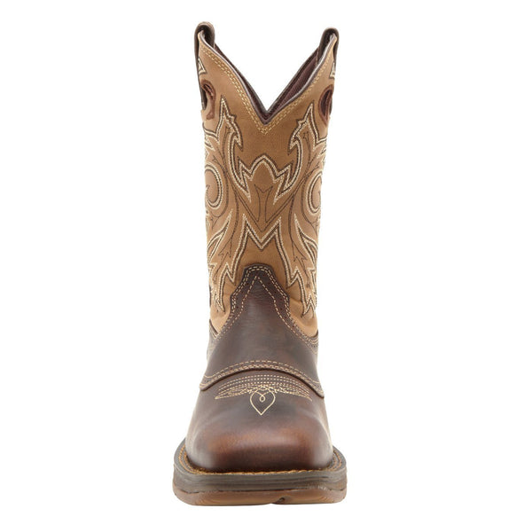 front of cowboy style work boot with light brown shaft and dark brown vamp and light brown embroidery