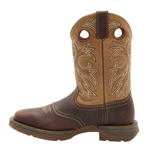 side of cowboy style work boot with light brown shaft and dark brown vamp and light brown embroidery 