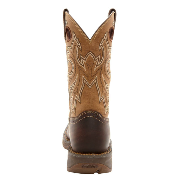 back of cowboy style work boot with light brown shaft and dark brown vamp and light brown embroidery 