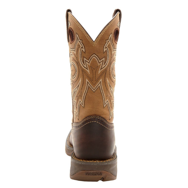 back of cowboy style work boot with light brown shaft and dark brown vamp and light brown embroidery