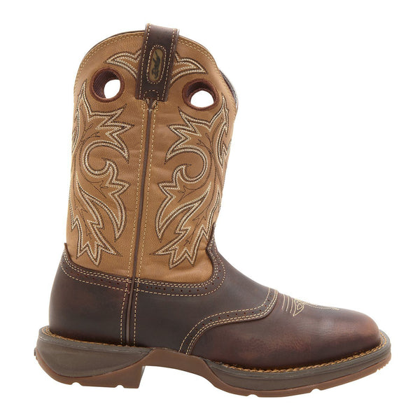 alternate side of cowboy style work boot with light brown shaft and dark brown vamp and light brown embroidery