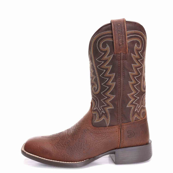 left side view of mens square toe cowboy boot with a brown distressed vamp and a darker brown shaft with white, tan, and brown embroidered design