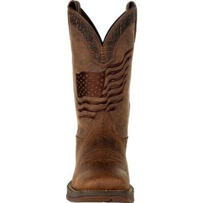 front view of brown distressed pull on western cowboy boot with American flag embroidered across the shaft