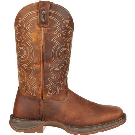 side view of light brown cowboy boot with tan embroidery