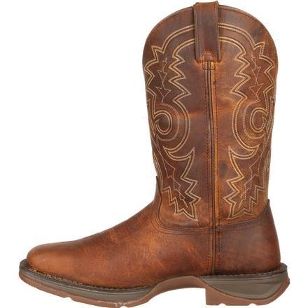 alternate side view of light brown cowboy boot with tan embroidery