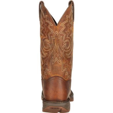 back of light brown cowboy boot with tan embroidery