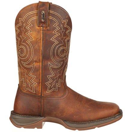 side of brown cowboy boot with tan embroidery and square toe
