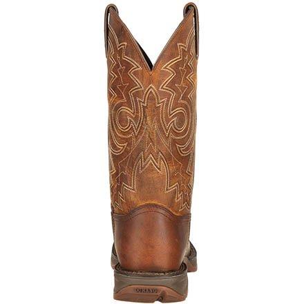 back of brown cowboy boot with tan embroidery and square toe