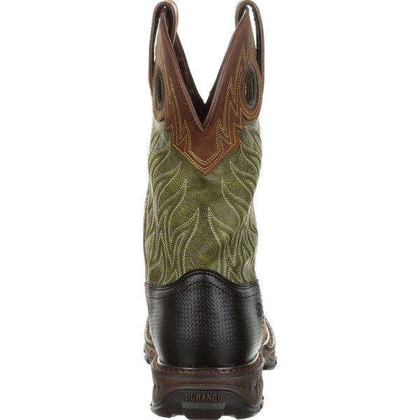 rear view of cowboy boot with green shaft and white embroidery with brown vamp