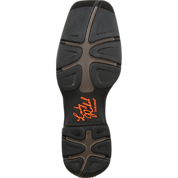 black sole with orange logo in center