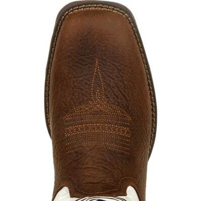 top down close up detail of square toe brown distressed western cowboy boot with brown stitching