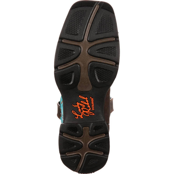 black sole with orange logo in middle