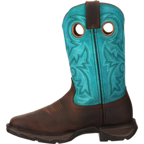 alternate side of cowgirl boot with turquoise shaft and dark brown vamp and black and white embroidery