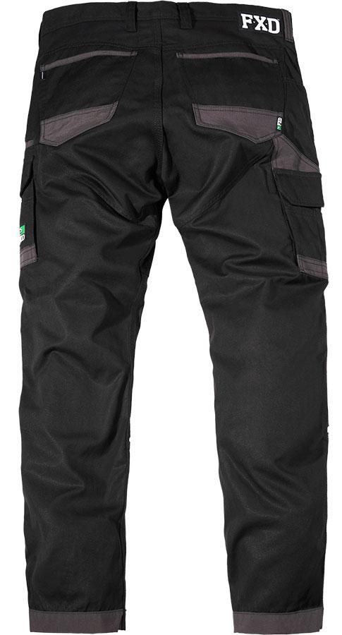 back of black work pants with grey knee patches and cargo pockets
