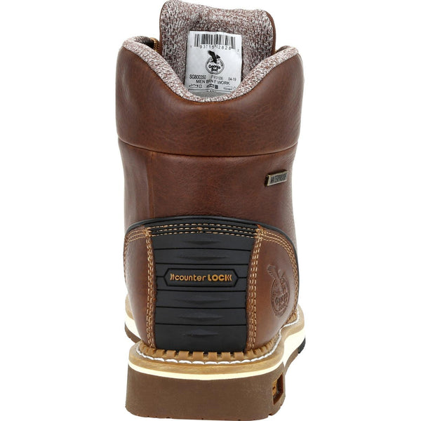 back of dark brown boot with black heel accent