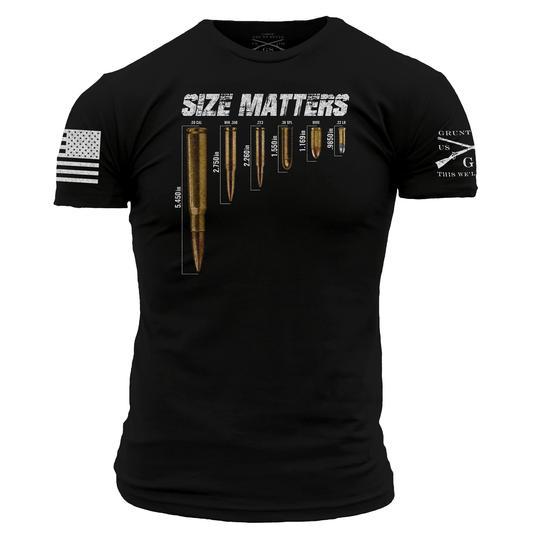 black shirt with different sized bullets and words "size matters" above them
