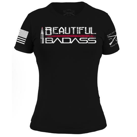 black shirt with words "beautiful badass" next to bullet with red tip