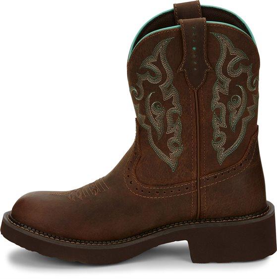 alternate side of brown cowgirl boots with blue and brown embroidery 