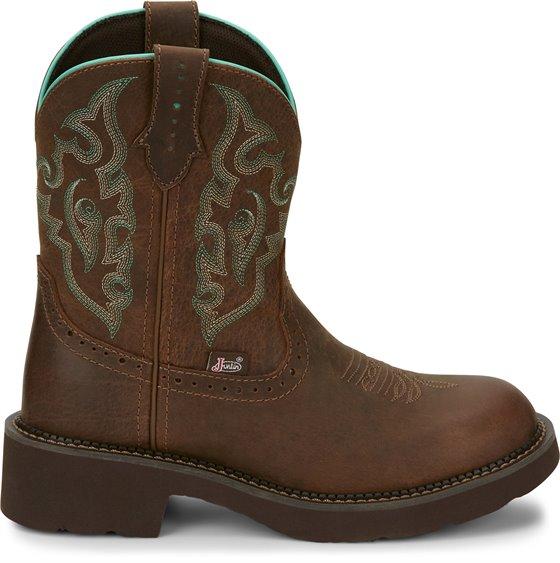 side of brown cowgirl boots with blue and brown embroidery 