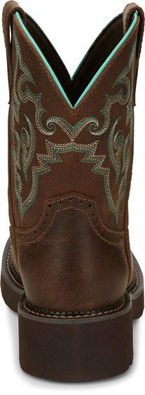 back of brown cowgirl boots with blue and brown embroidery 