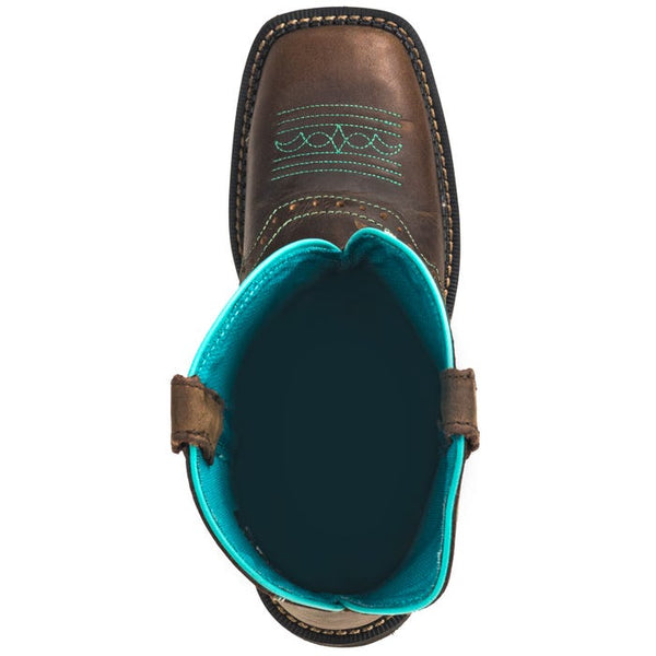 top of brown  cowgirl boot with turquoise line down side, embroidery,  and inside boot with square toe
