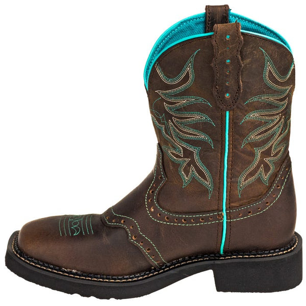 alternate side of brown  cowgirl boot with turquoise line down side, embroidery,  and inside boot with square toe