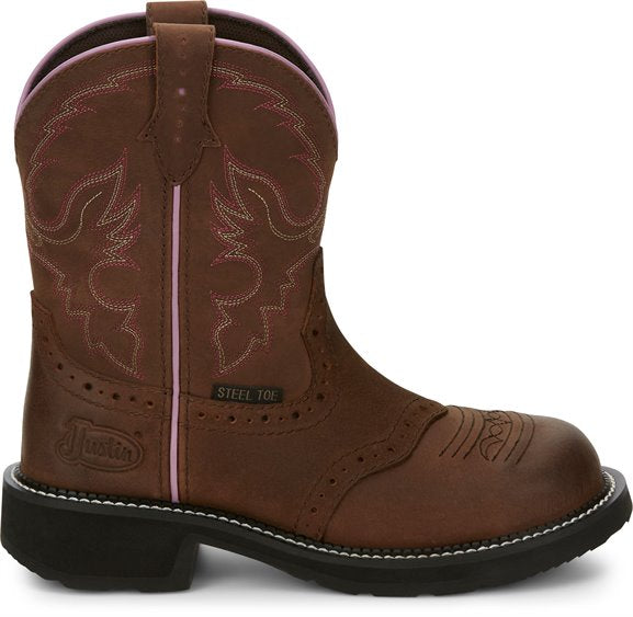 side of brown traditional round toe cowgirl boot with pink and white stitching accents, steel toe tag, and Justin logo