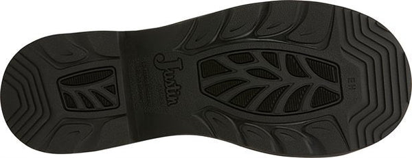 outsole of round toe cowgirl boot in black with Justin logo