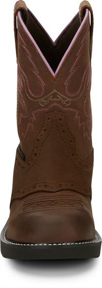 front view of brown traditional round toe cowgirl boot with pink and white stitching accents