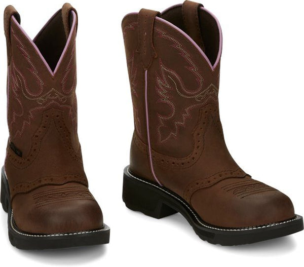 brown traditional round toe cowgirl boots with pink and white stitch pattern and pink seam accents
