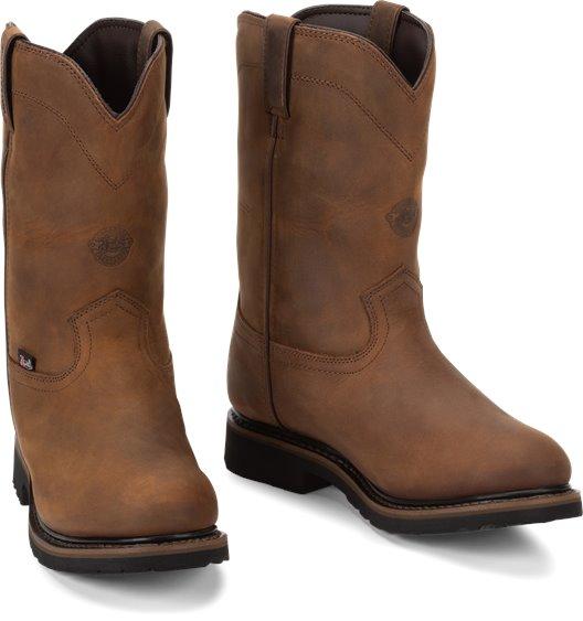brown high top pull on boots with logo on center of shaft and black sole