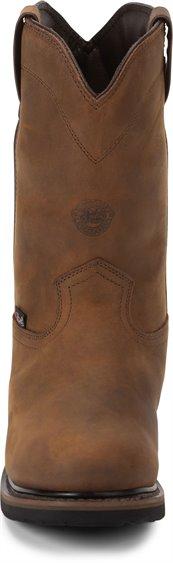 front of brown high top pull on boot with logo on center of shaft and black sole