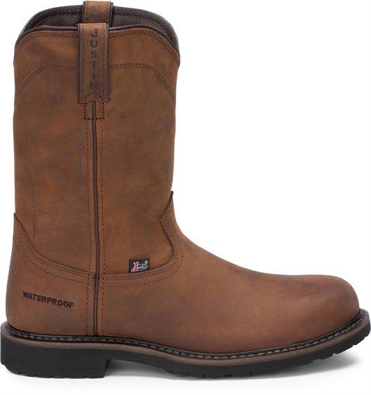 side of brown high top pull on boot with black sole