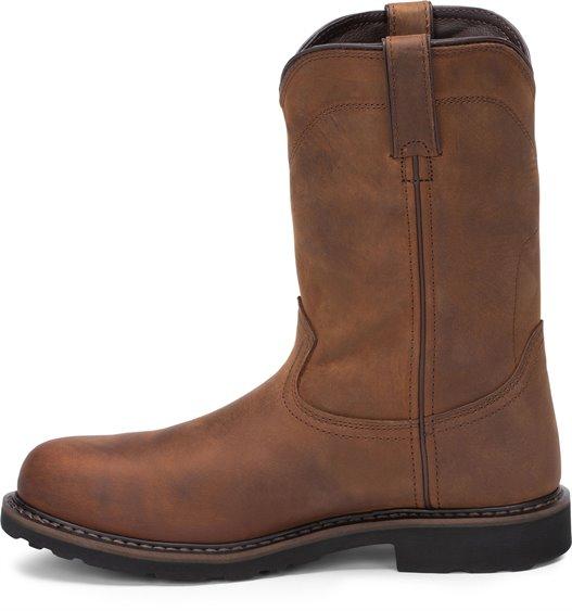alternate side of brown high top pull on boot with black sole