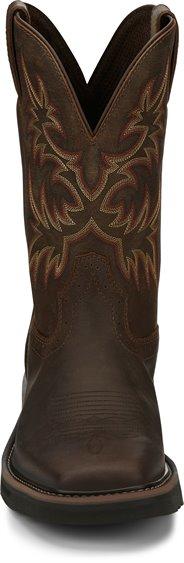 front of dark brown cowboy boot with red and light brown embroidery