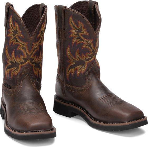 dark brown cowboy boot with orange and red embroidery