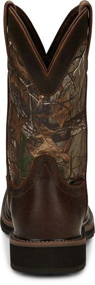 back of cowboy boot with camo shaft and brown vamp
