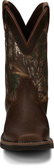 front of cowboy boot with camo shaft and brown vamp